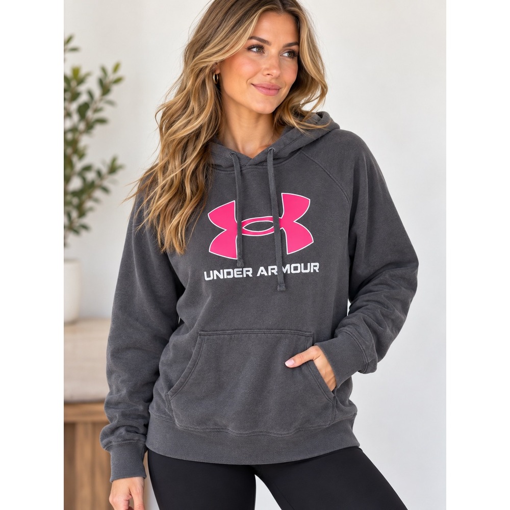 Under Armour Womens Rival Fleece Hoodie Gray Pink Logo Pullover Large